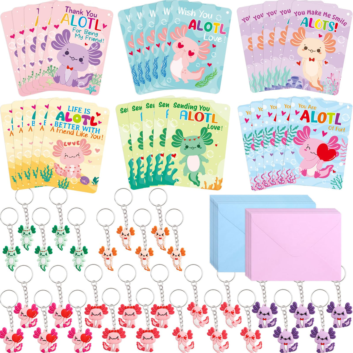 Fancy Land 30 Pack Axolotl Valentines Cards with Keychains – Classroom Gift Set for Kids