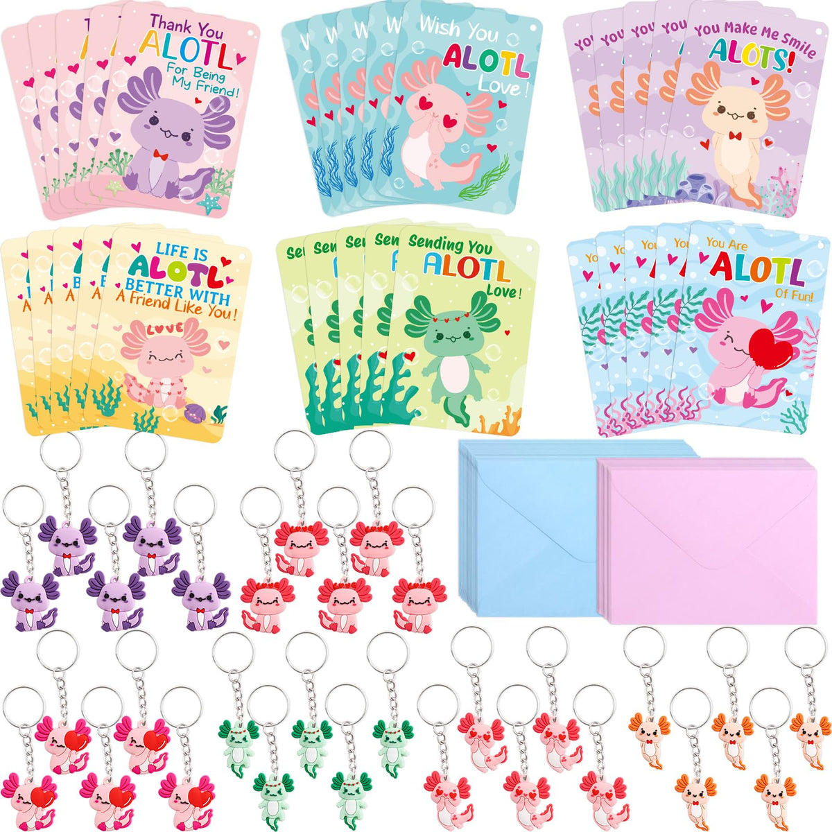 Fancy Land 30 Pack Axolotl Valentines Cards with Keychains – Classroom Gift Set for Kids