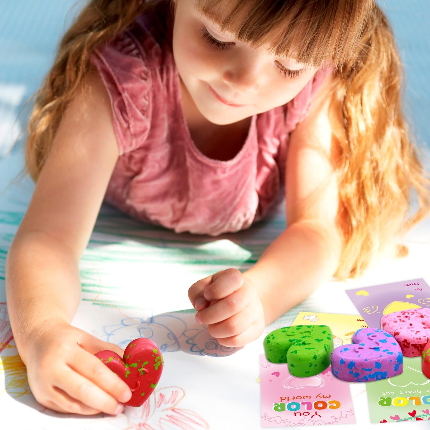 Fancy Land 24-Pack Valentines Cards + Heart Crayons for Kids