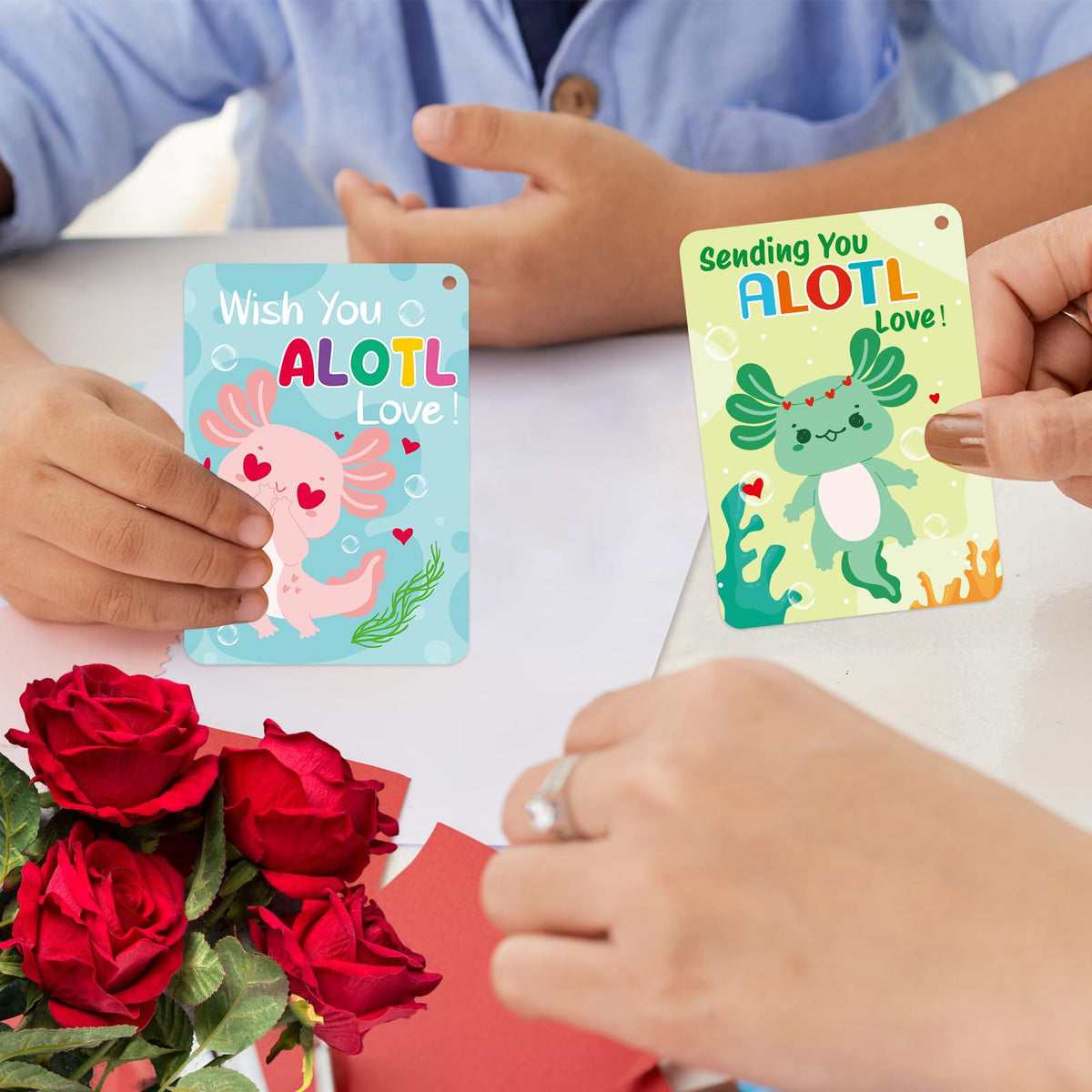 Fancy Land 30 Pack Axolotl Valentines Cards with Keychains – Classroom Gift Set for Kids
