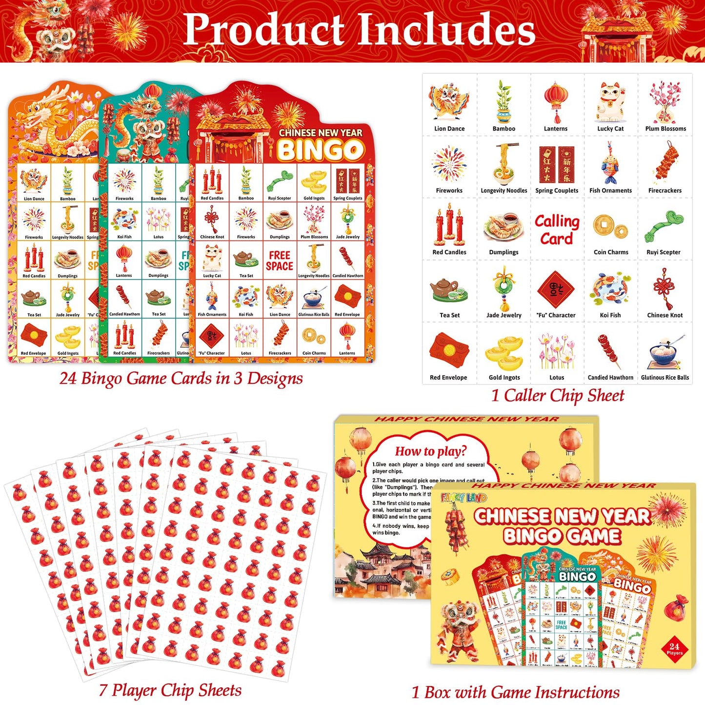 Fancy Land Chinese New Year Bingo Game for Kids — Year of the Horse, 24 Players