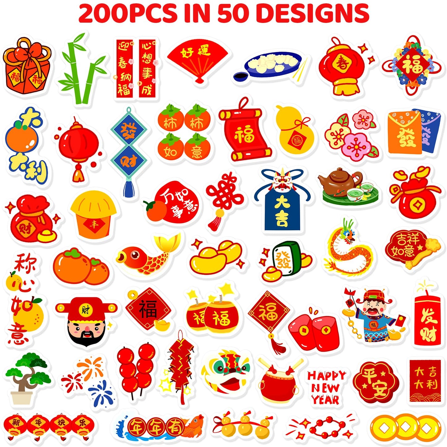Fancy Land Chinese New Year Foam Stickers – 200Pcs Lunar Year of the Horse Puffy Sticker Set
