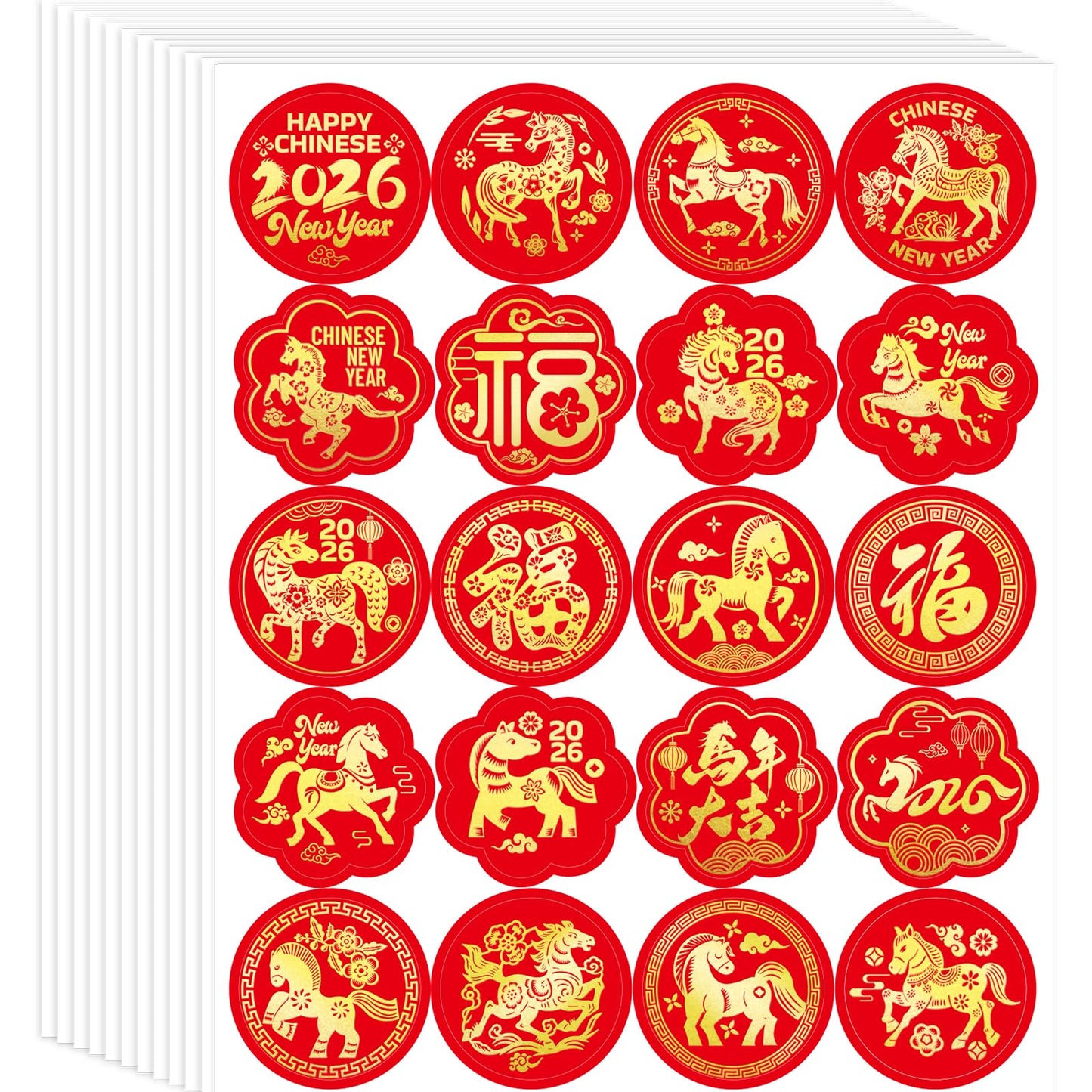 Fancy Land 240 Pcs Chinese New Year Stickers Gold Foil — Year of the Horse, 12 Sheets