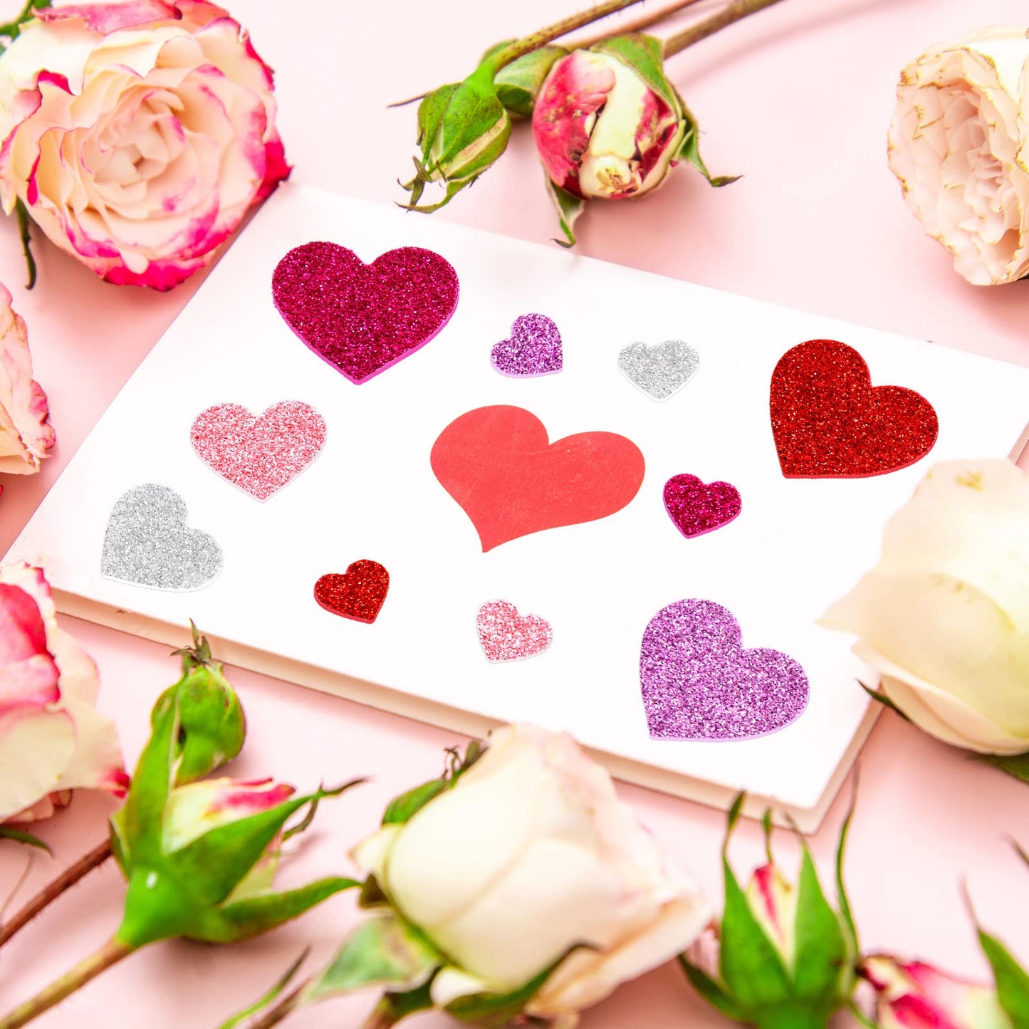 Fancy Land Glitter Heart Stickers – 500 Pcs Foam Heart Shapes, Self-Adhesive