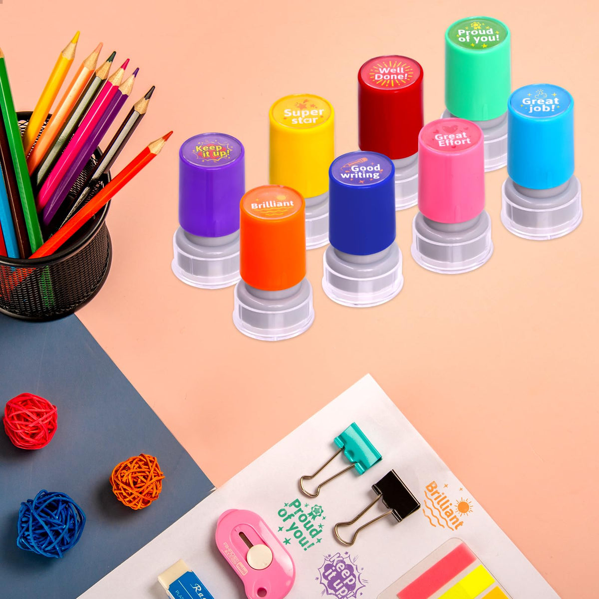 Fancy Land Teacher Stamps – Self-Inking Classroom Rubber Stamp Set (8 Pieces)