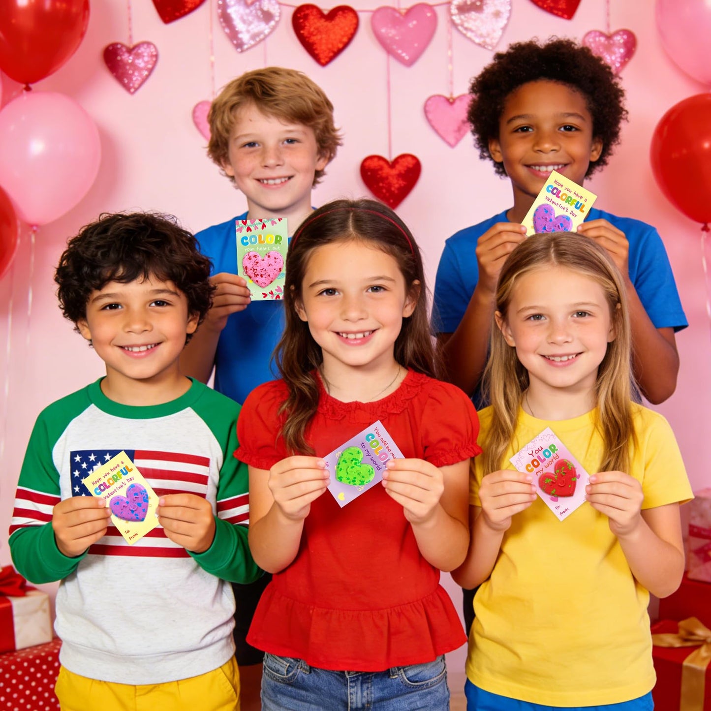 Fancy Land 24-Pack Valentines Cards + Heart Crayons for Kids