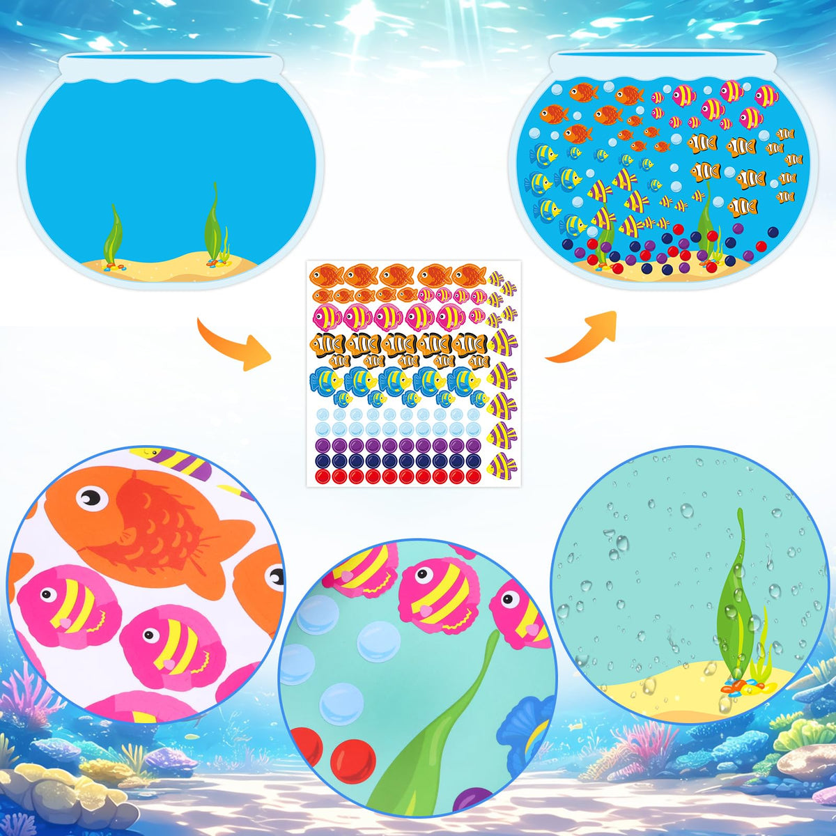 Fancy Land 100th Day Fish Tank Sticker Craft Kit – 16 Backgrounds & 16 Sticker Sheets