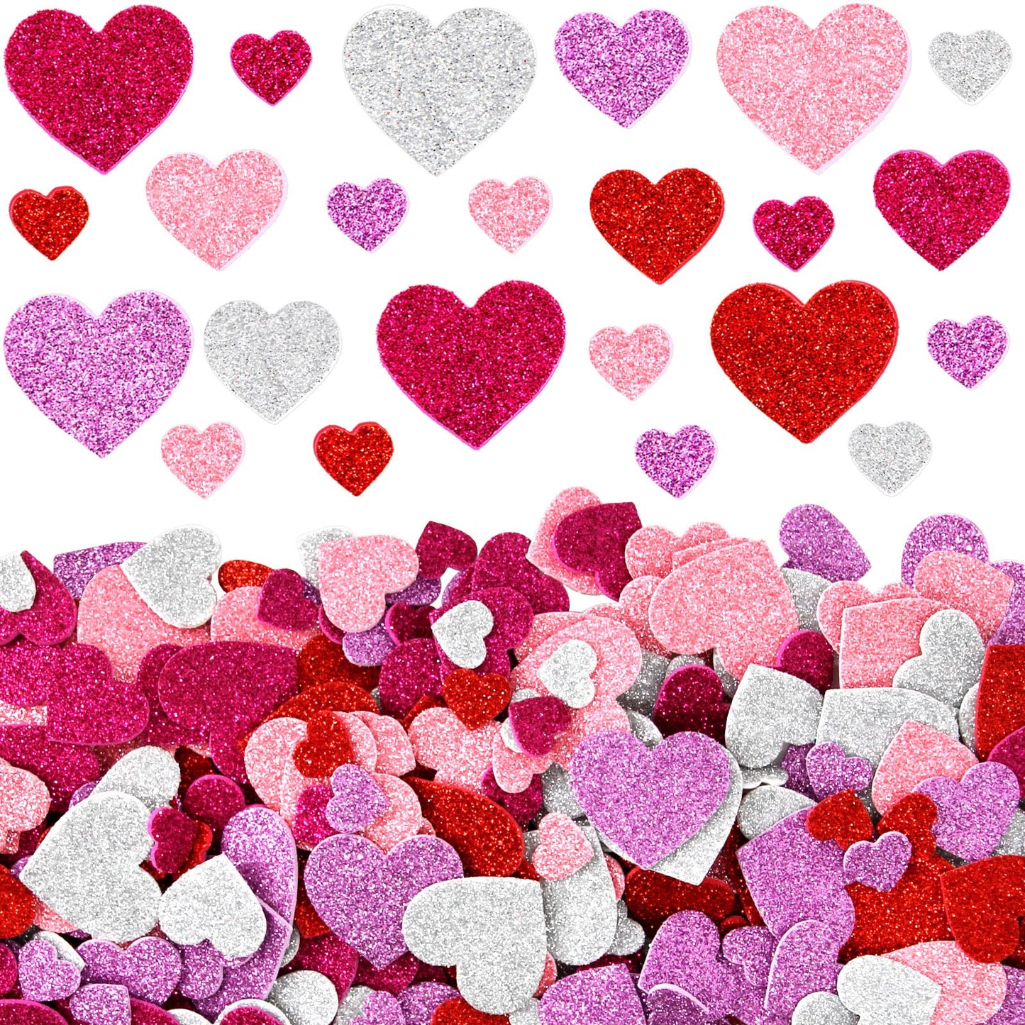 Fancy Land Glitter Heart Stickers – 500 Pcs Foam Heart Shapes, Self-Adhesive
