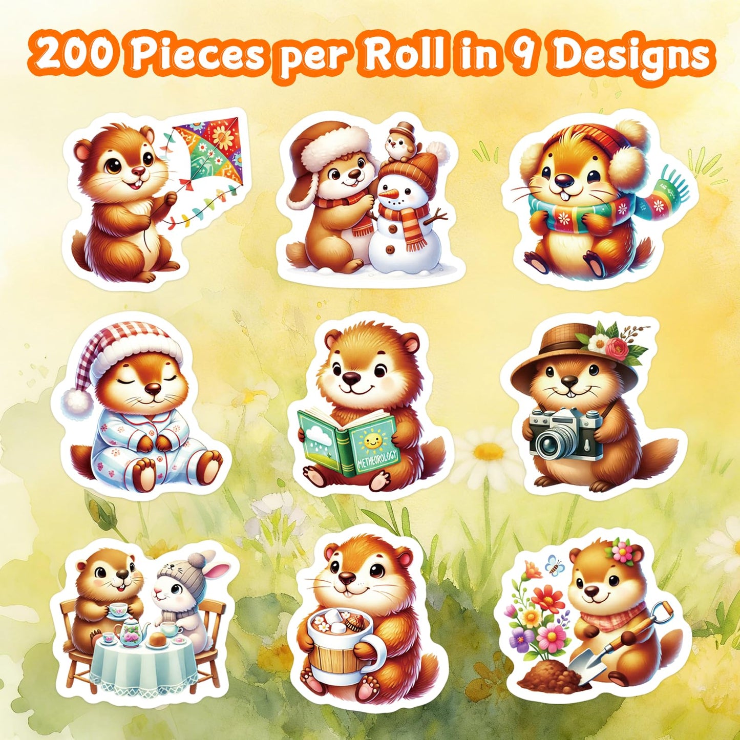 Fancy Land Groundhog Stickers Roll — 200 Perforated Groundhog Decals for Scrapbooks, Journals & DIY Crafts
