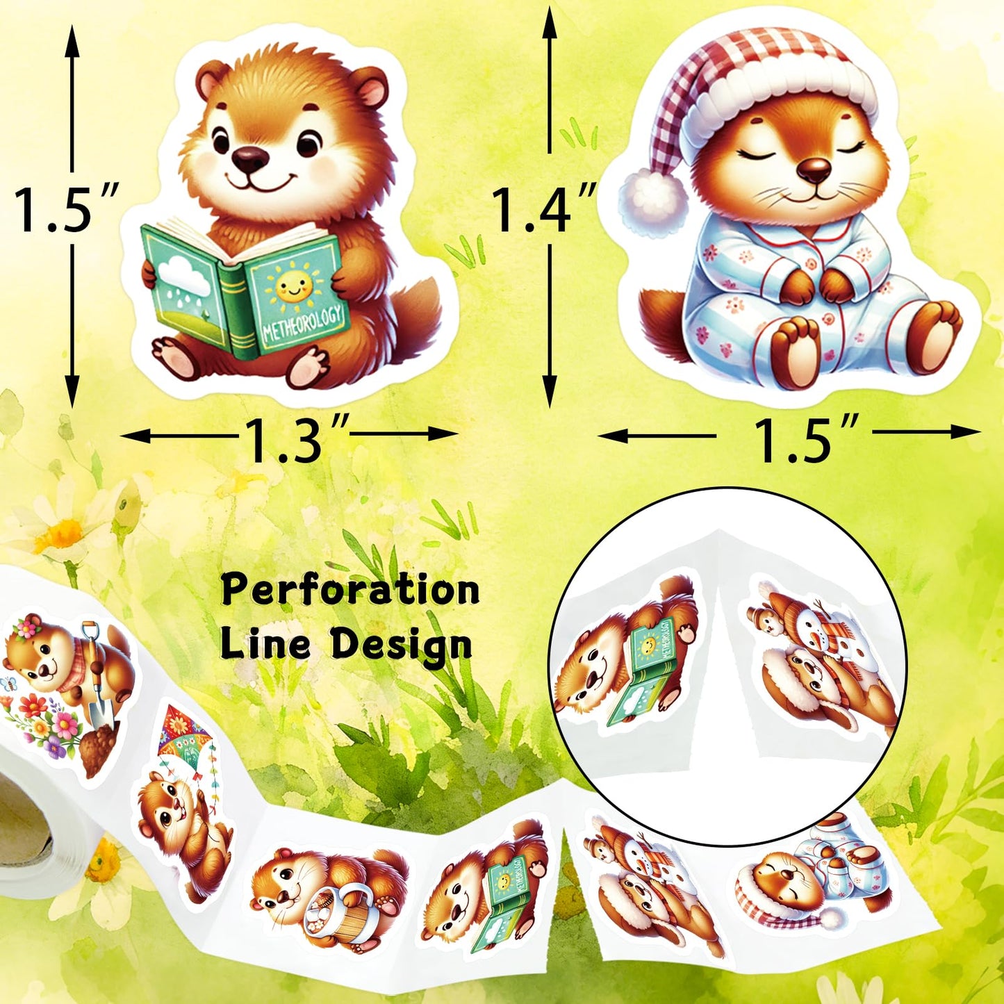 Fancy Land Groundhog Stickers Roll — 200 Perforated Groundhog Decals for Scrapbooks, Journals & DIY Crafts