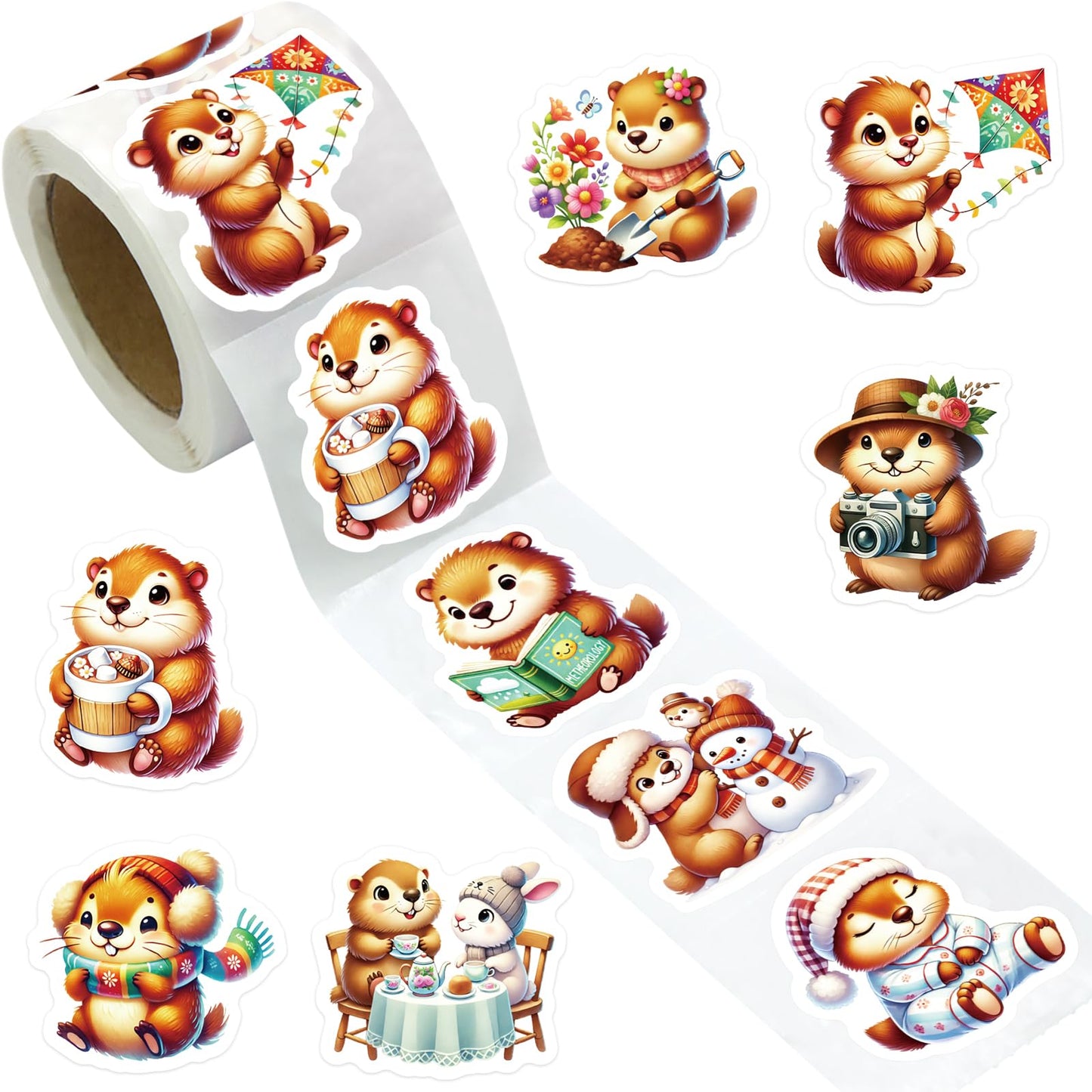 Fancy Land Groundhog Stickers Roll — 200 Perforated Groundhog Decals for Scrapbooks, Journals & DIY Crafts