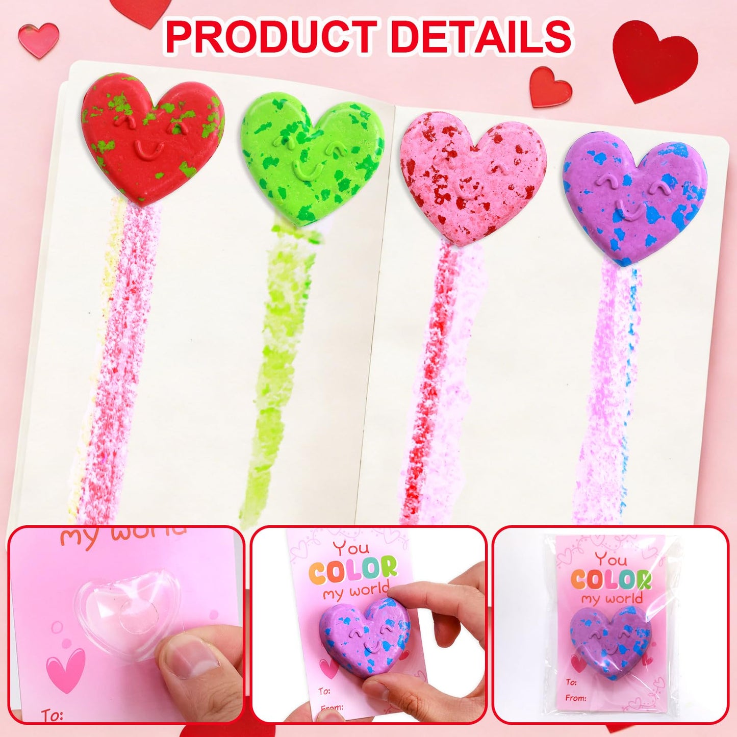 Fancy Land 24-Pack Valentines Cards + Heart Crayons for Kids