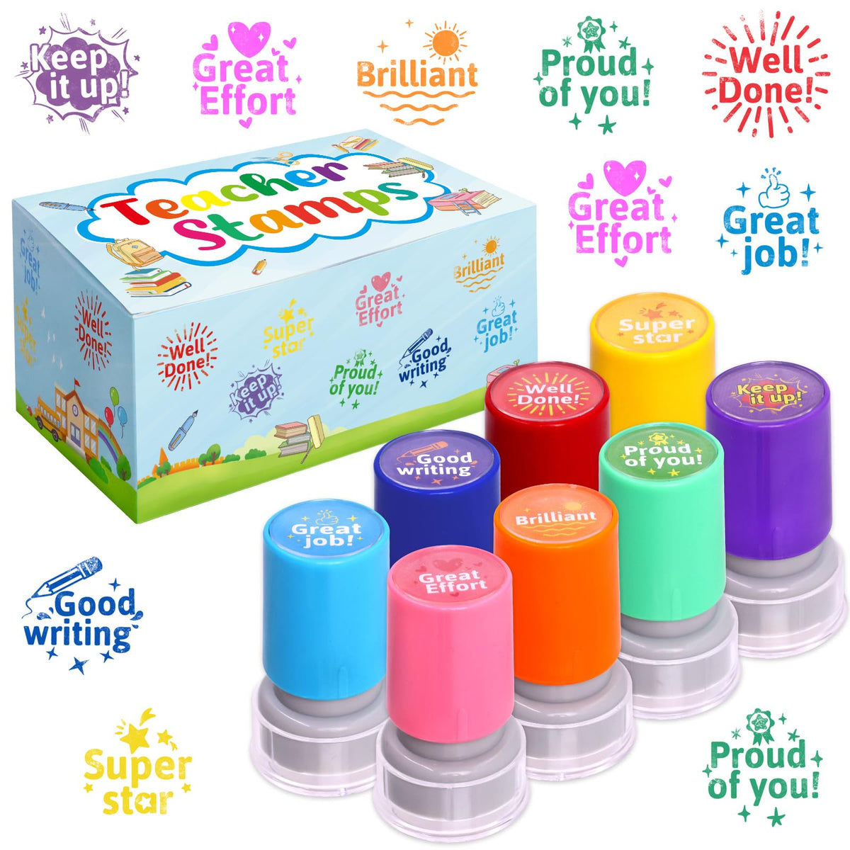 Fancy Land Teacher Stamps – Self-Inking Classroom Rubber Stamp Set (8 Pieces)