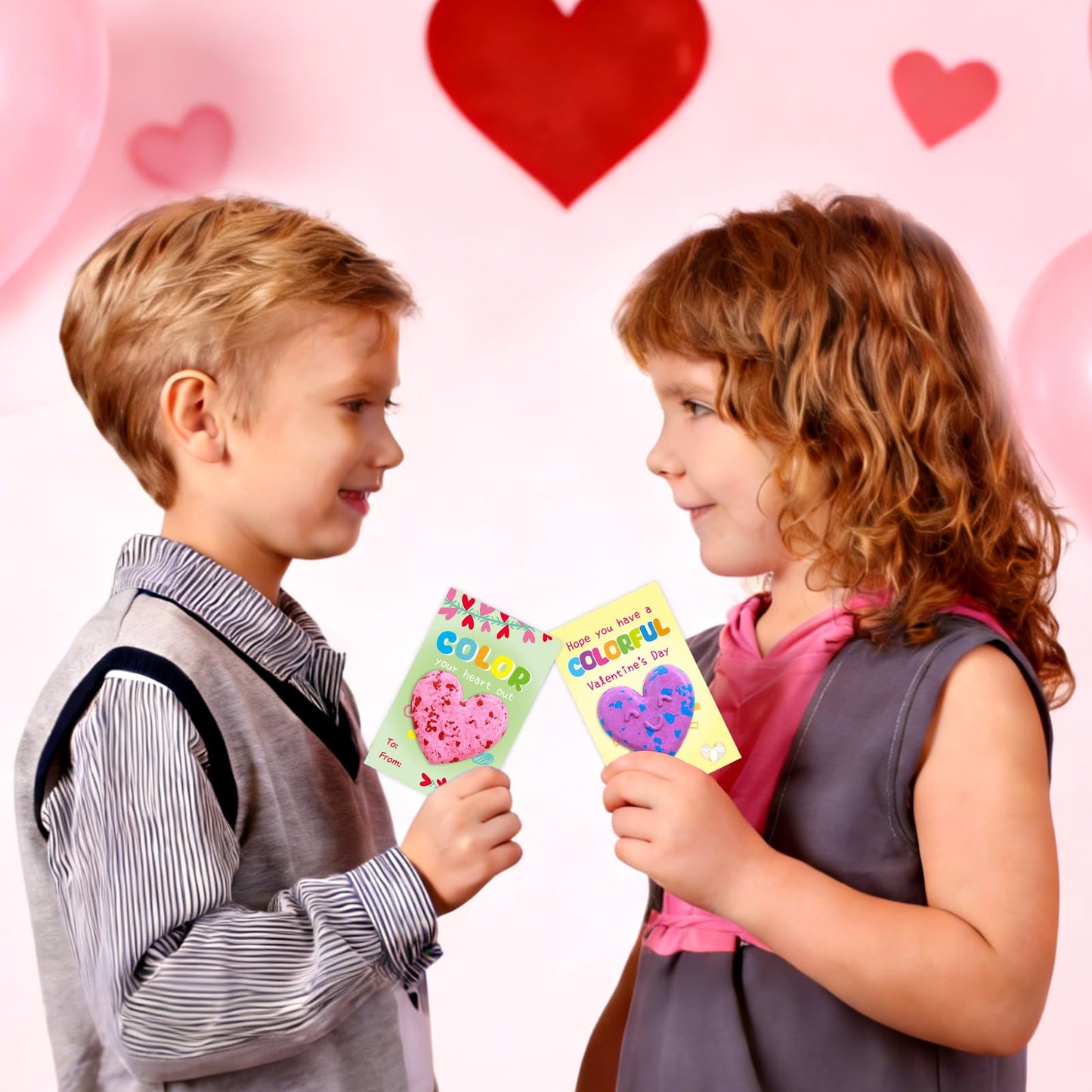 Fancy Land 24-Pack Valentines Cards + Heart Crayons for Kids