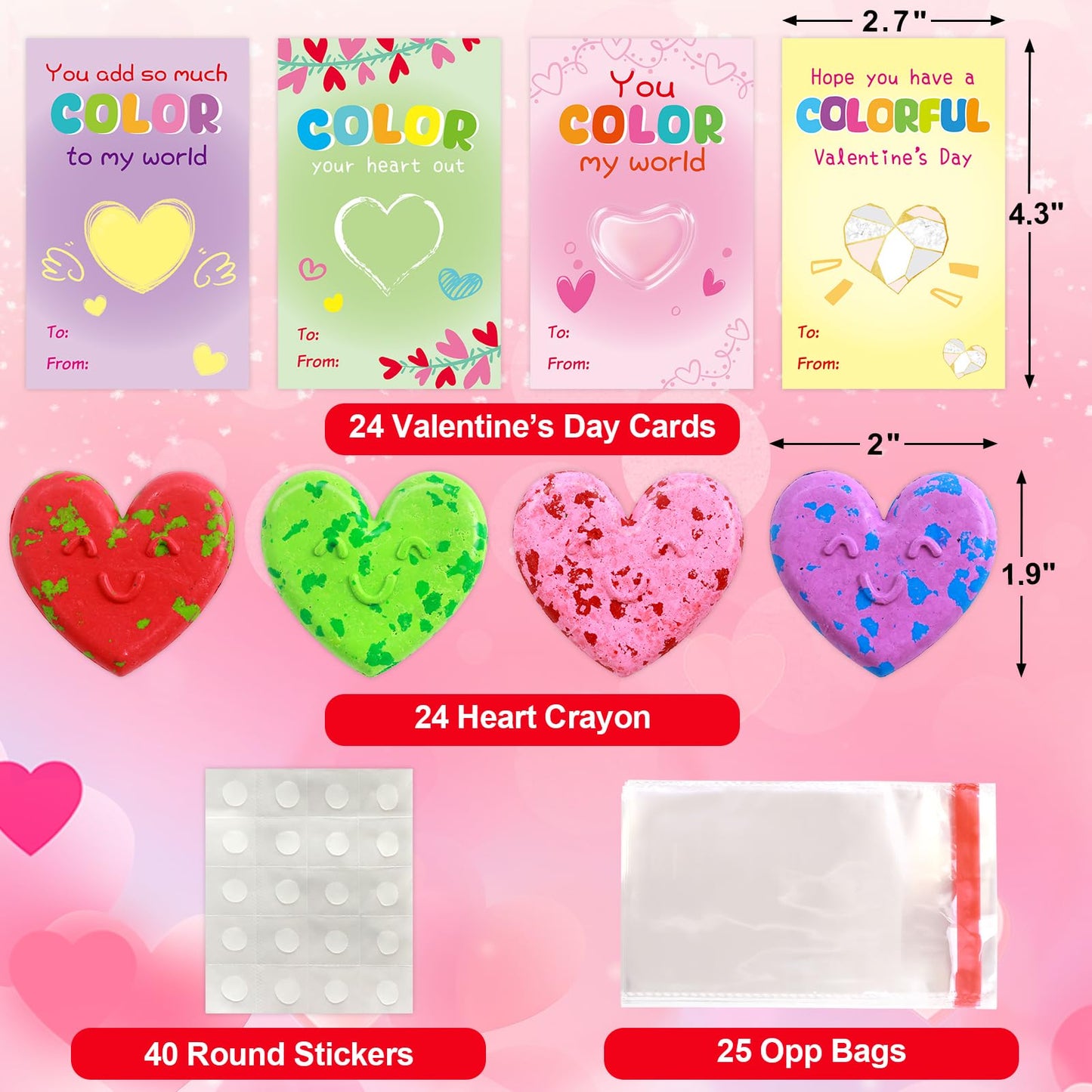 Fancy Land 24-Pack Valentines Cards + Heart Crayons for Kids
