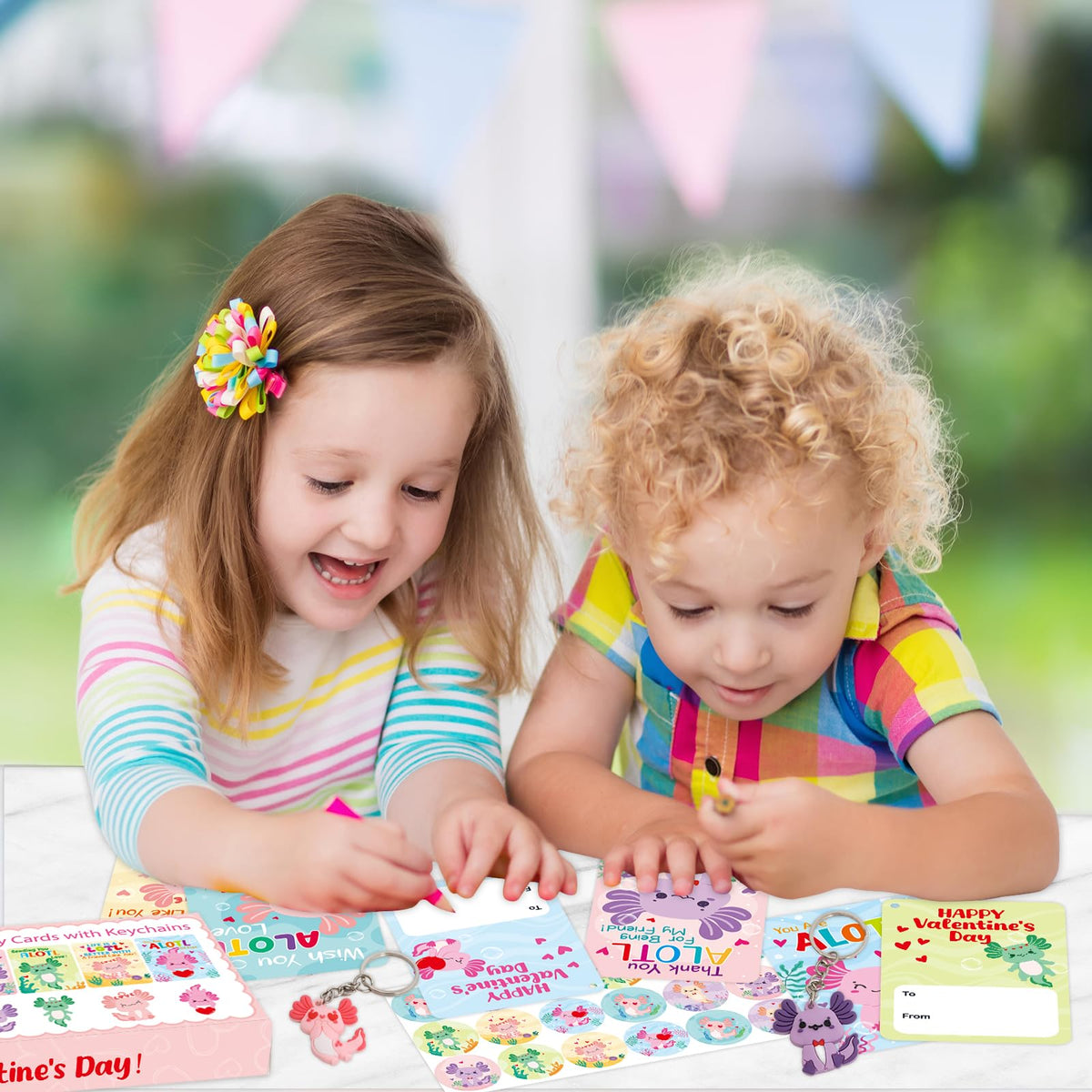 Fancy Land 30 Pack Axolotl Valentines Cards with Keychains – Classroom Gift Set for Kids