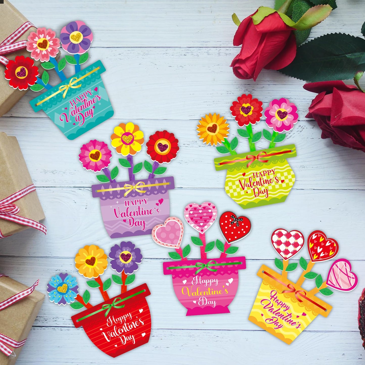 Fancy Land 24-Set Valentines Day Crafts for Kids | Foam Flower Pot Cards & Classroom Decor
