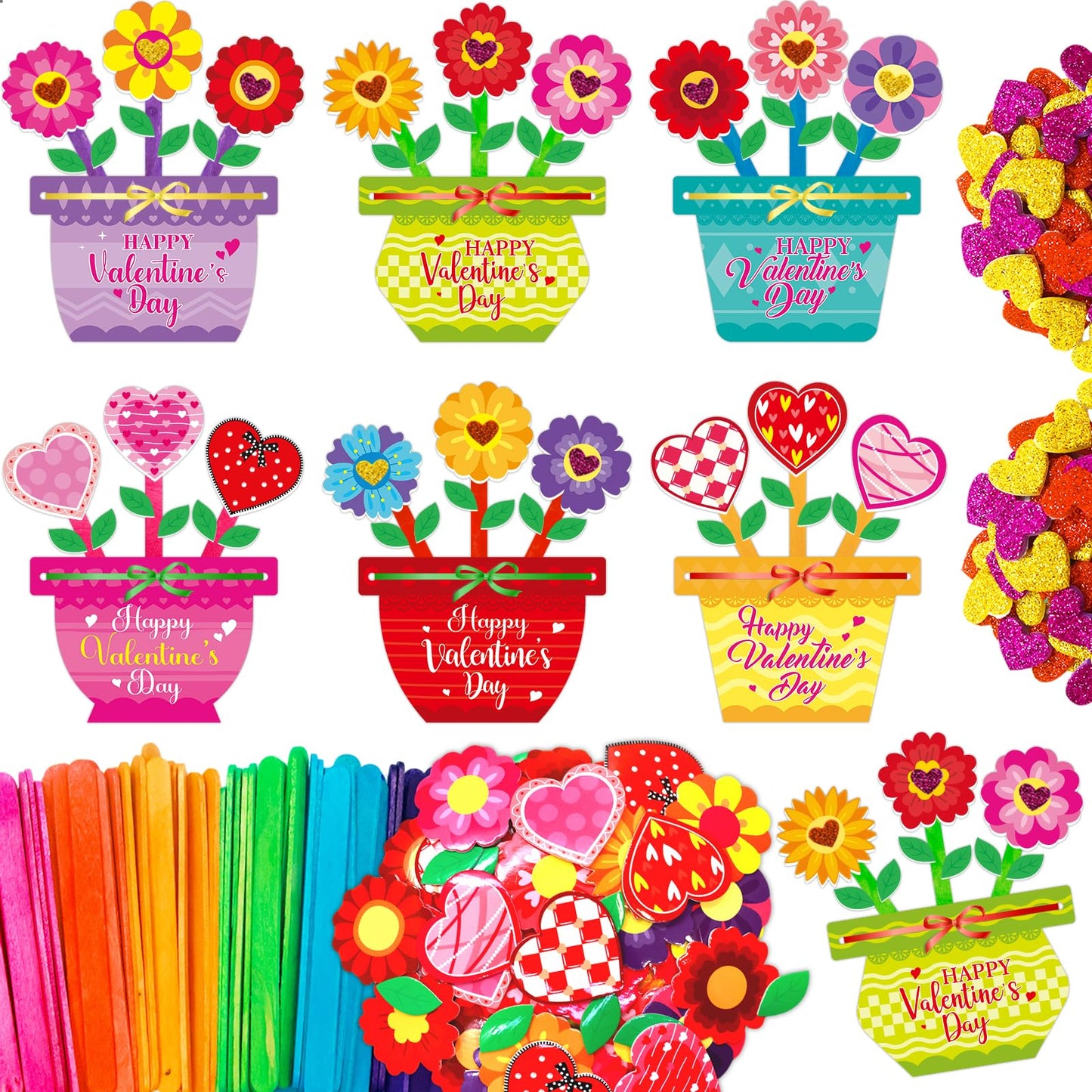 Fancy Land 24-Set Valentines Day Crafts for Kids | Foam Flower Pot Cards & Classroom Decor
