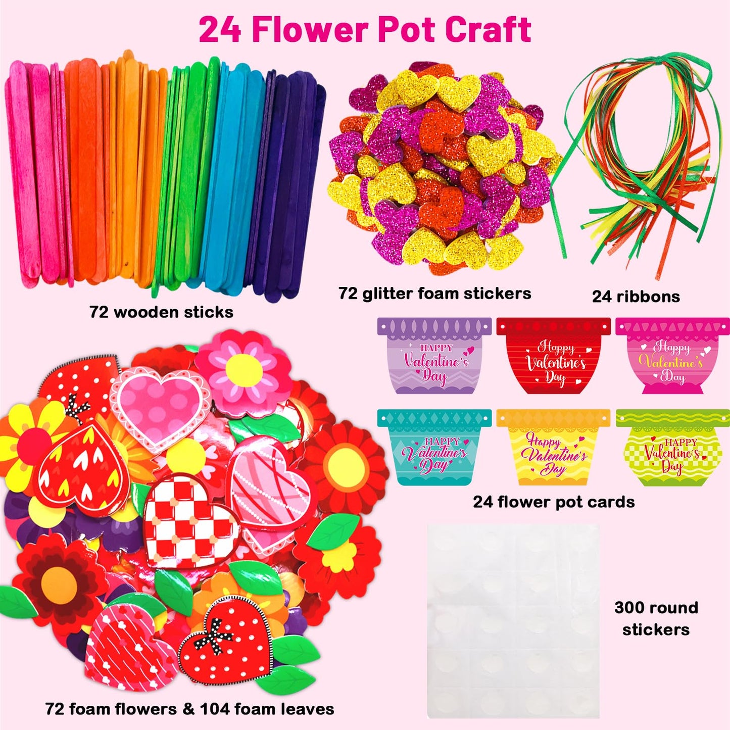 Fancy Land 24-Set Valentines Day Crafts for Kids | Foam Flower Pot Cards & Classroom Decor