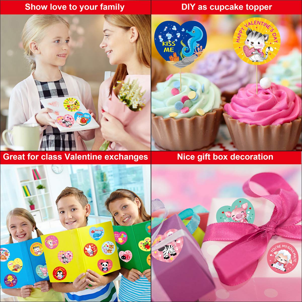 Fancy Land 600 Valentines Stickers for Kids – Heart & Animal Designs for Party Decoration