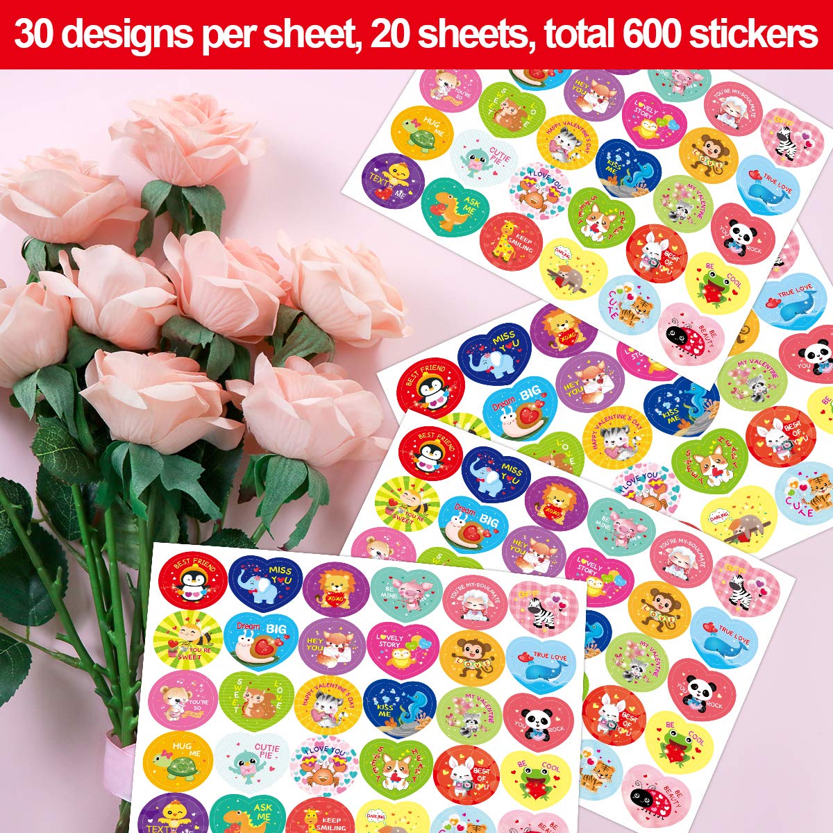 Fancy Land 600 Valentines Stickers for Kids – Heart & Animal Designs for Party Decoration