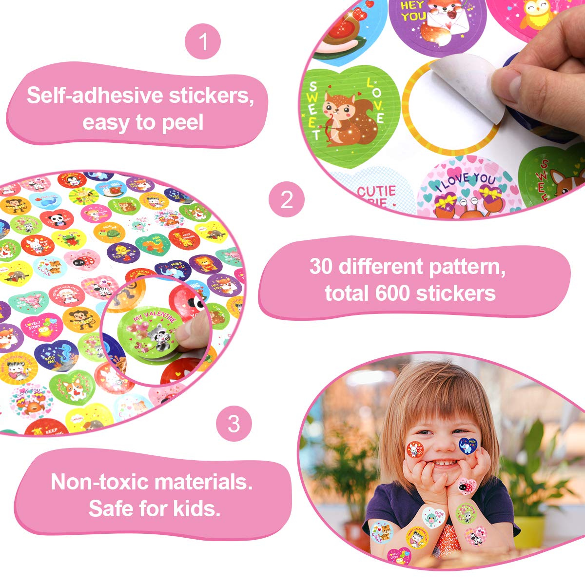 Fancy Land 600 Valentines Stickers for Kids – Heart & Animal Designs for Party Decoration