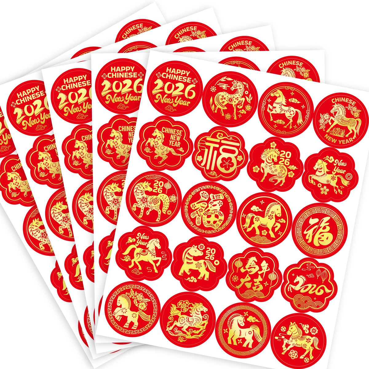 Fancy Land 240 Pcs Chinese New Year Stickers Gold Foil — Year of the Horse, 12 Sheets