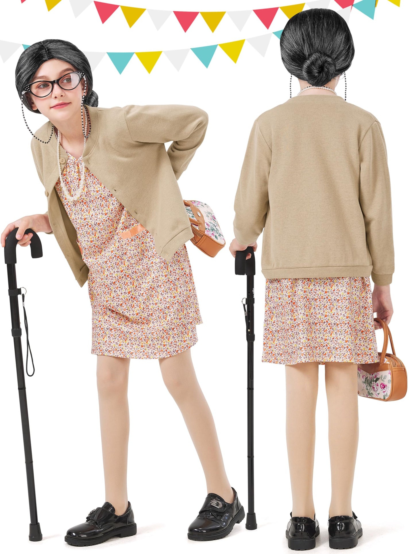 FancyFun 8 Pcs Old Lady Costume for Kids - 100 Days of School (8-10Y)