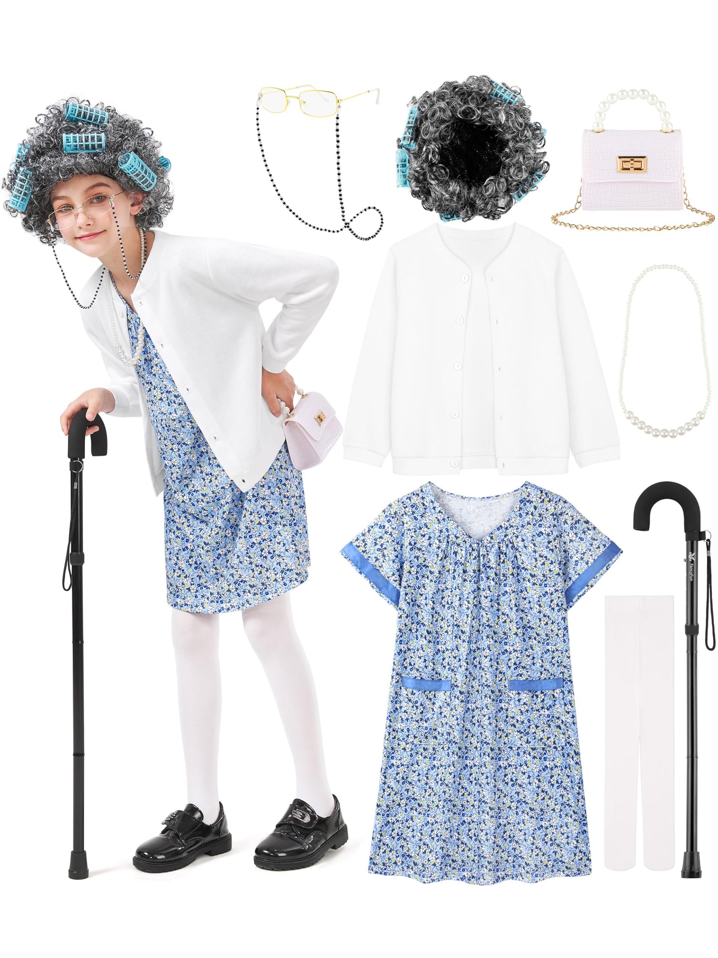 FancyFun 8-Pcs Old Lady Costume for Kids – 100 Days Dress-Up (8-10Y)