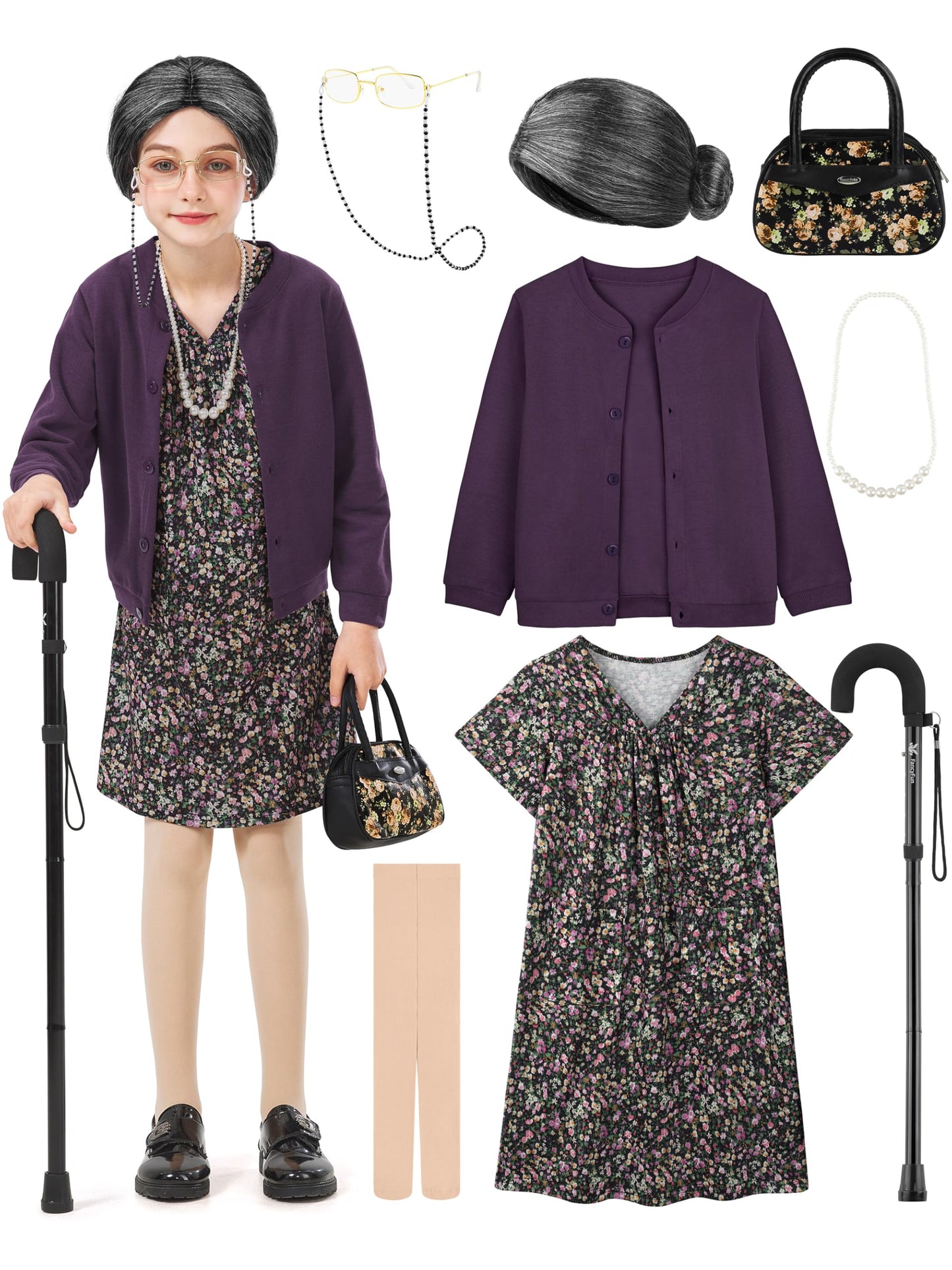 FancyFun 8 Pcs Old Lady Costume for Kids – 100 Days of School Dress-Up (Ages 11-13)