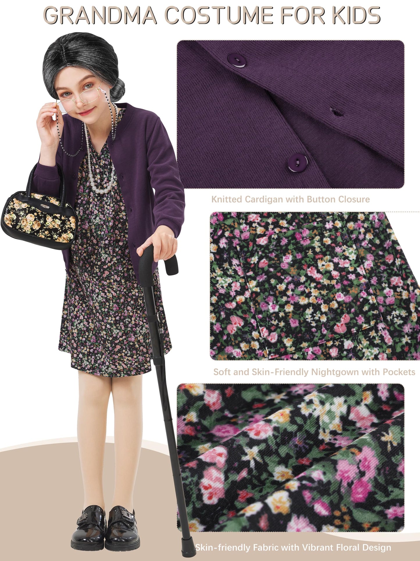 FancyFun 8 Pcs Old Lady Costume for Kids – 100 Days of School Dress-Up (Ages 11-13)