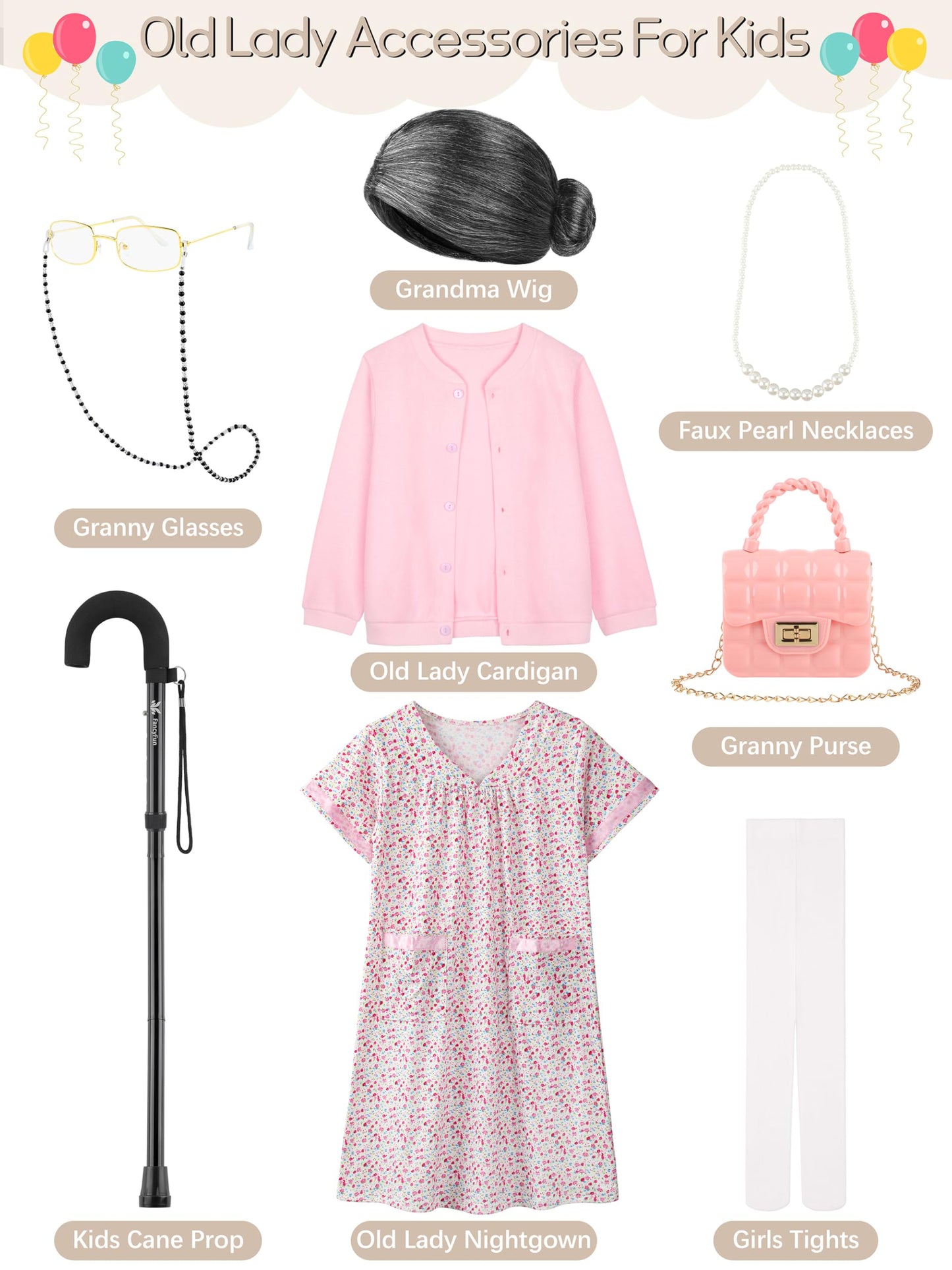 FancyFun 8-Piece Old Lady Costume for Kids — 100 Days Dress-Up (Girls 3-4T)