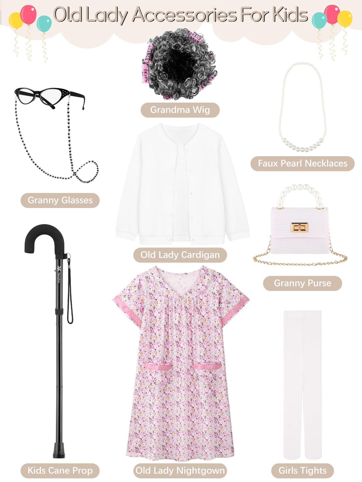 FancyFun 8 Pcs Old Lady Costume for Kids (3-4T) | 100 Days of School Dress-Up Set