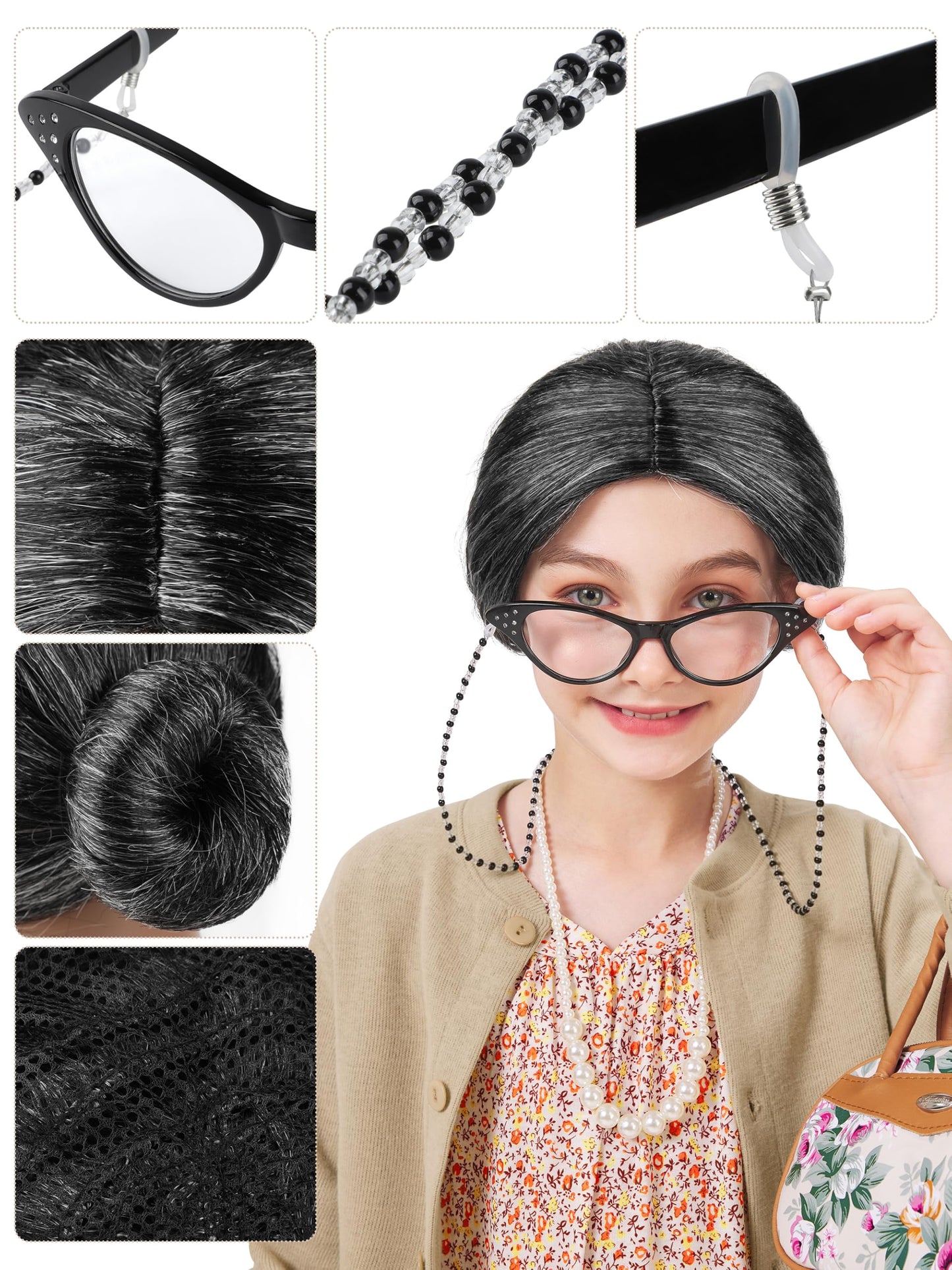 FancyFun 8 Pcs Old Lady Costume for Kids – 100 Days of School Dress Up Set (Size 11-13Y)