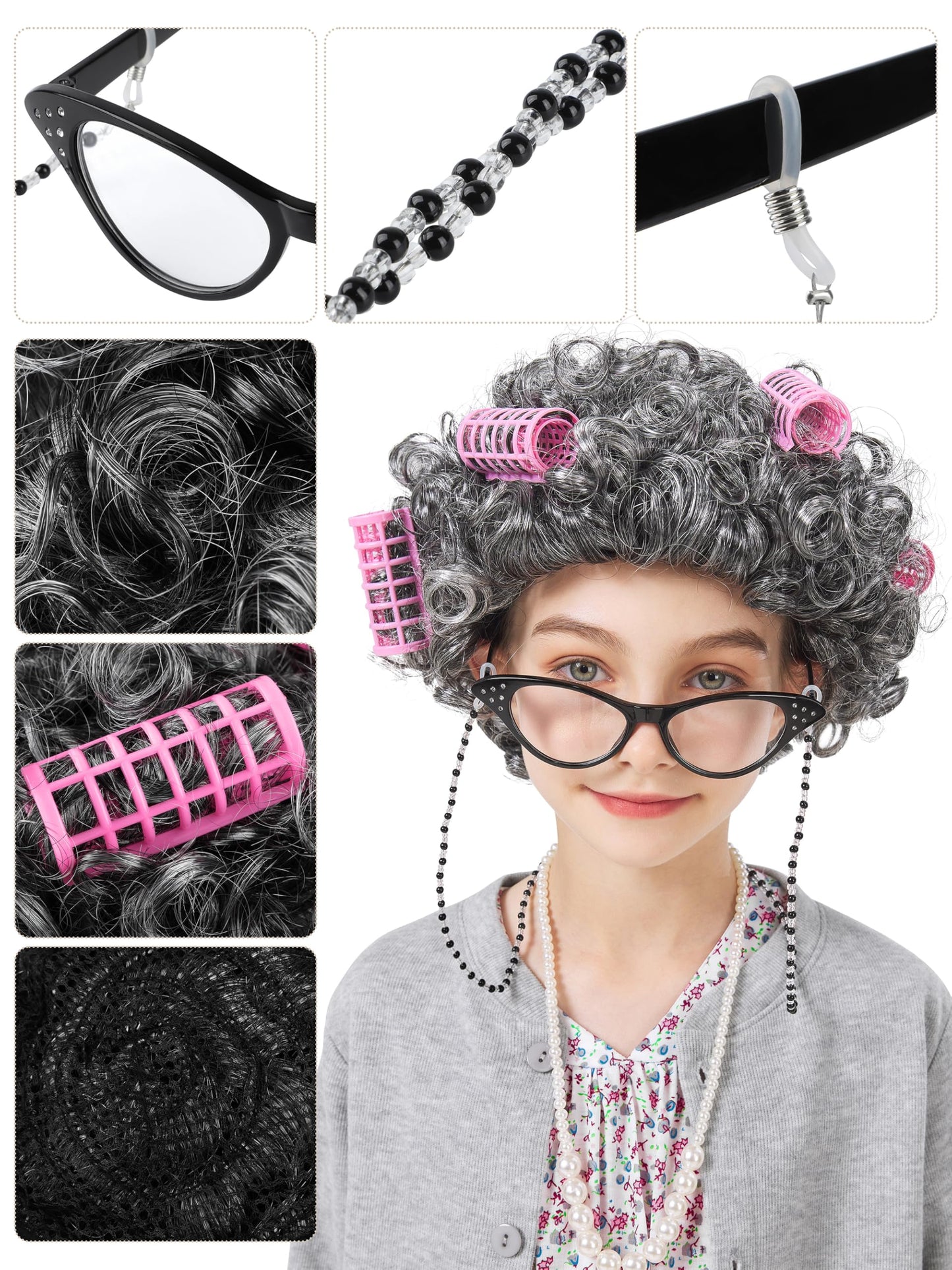 FancyFun 8-Piece Old Lady Costume for Kids – 100 Days of School Outfit & Grandma Wig (Ages 5-7)