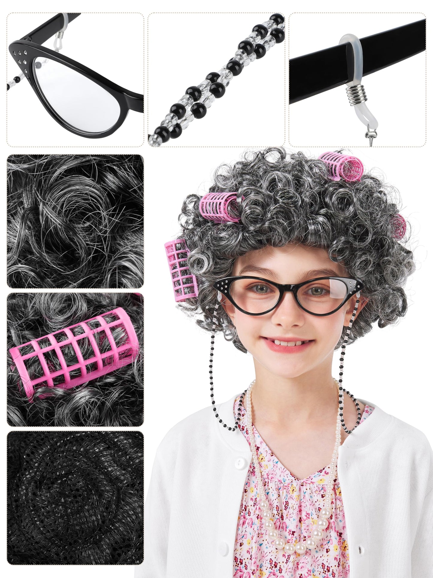 FancyFun 8 Pcs Old Lady Costume for Kids (D 8-10Y) – 100 Days Dress-Up Set