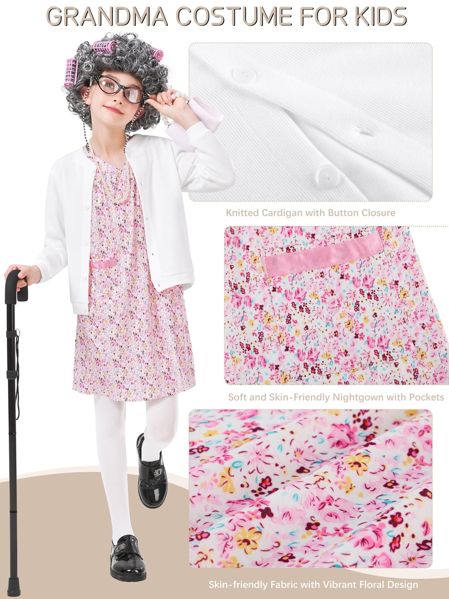 FancyFun 8 Pcs Old Lady Costume for Kids (3-4T) | 100 Days of School Dress-Up Set