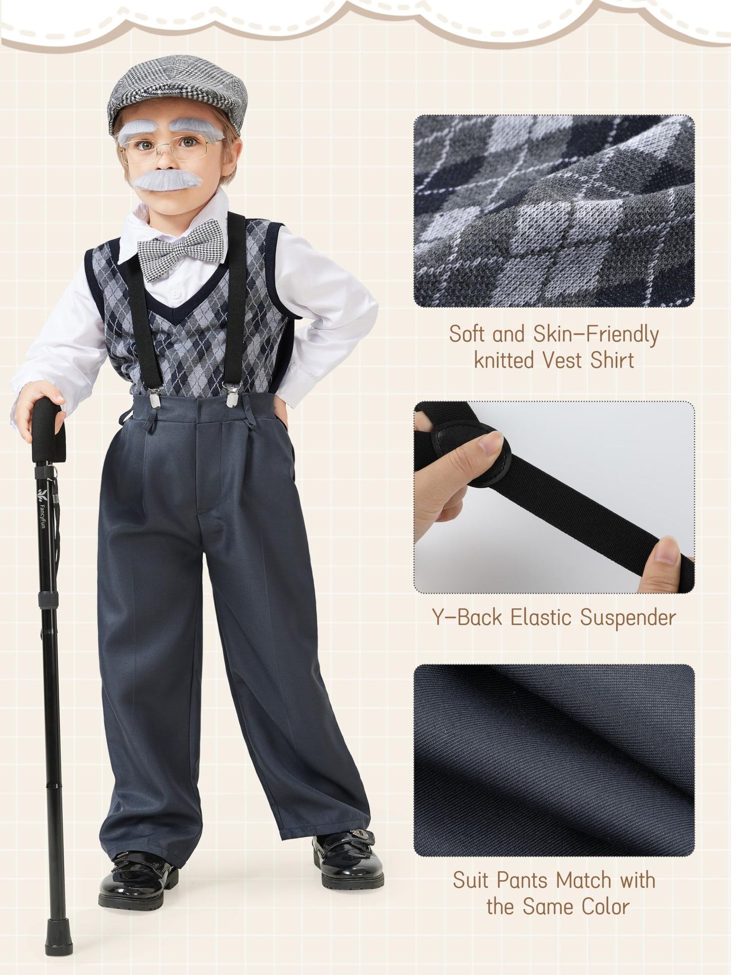 FancyFun 9-Piece 100 Days of School Old Man Costume for Boys 3-4T
