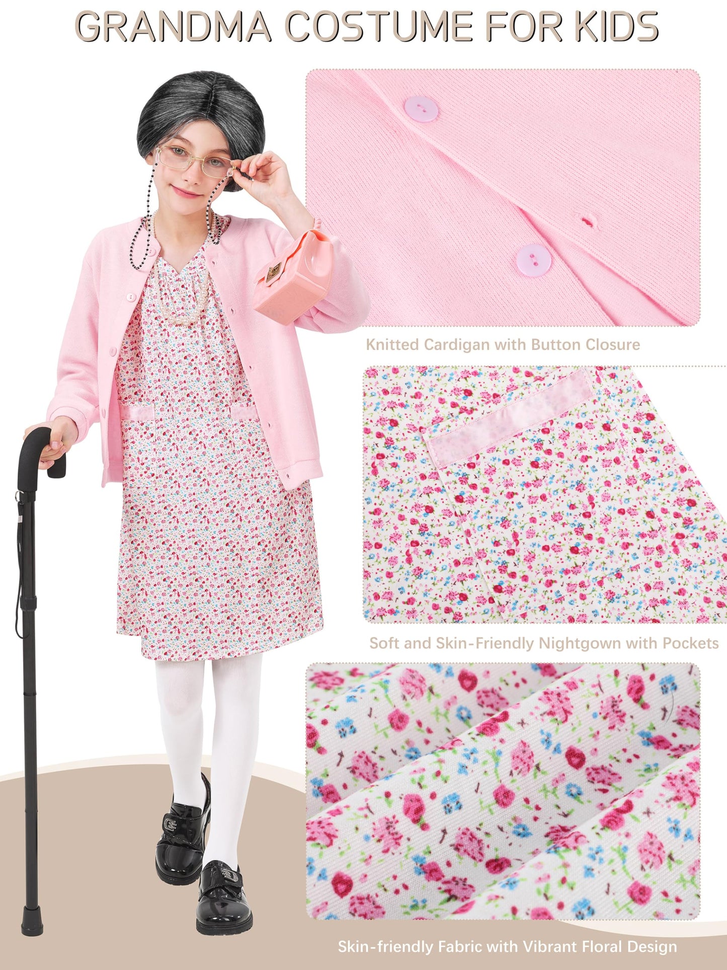 FancyFun 8-Piece Old Lady Costume for Kids — 100 Days Dress-Up (Girls 3-4T)