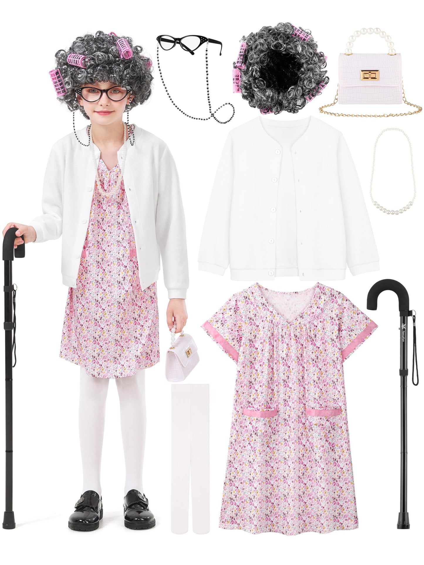 FancyFun 8 Pcs Old Lady Costume for Kids (3-4T) | 100 Days of School Dress-Up Set
