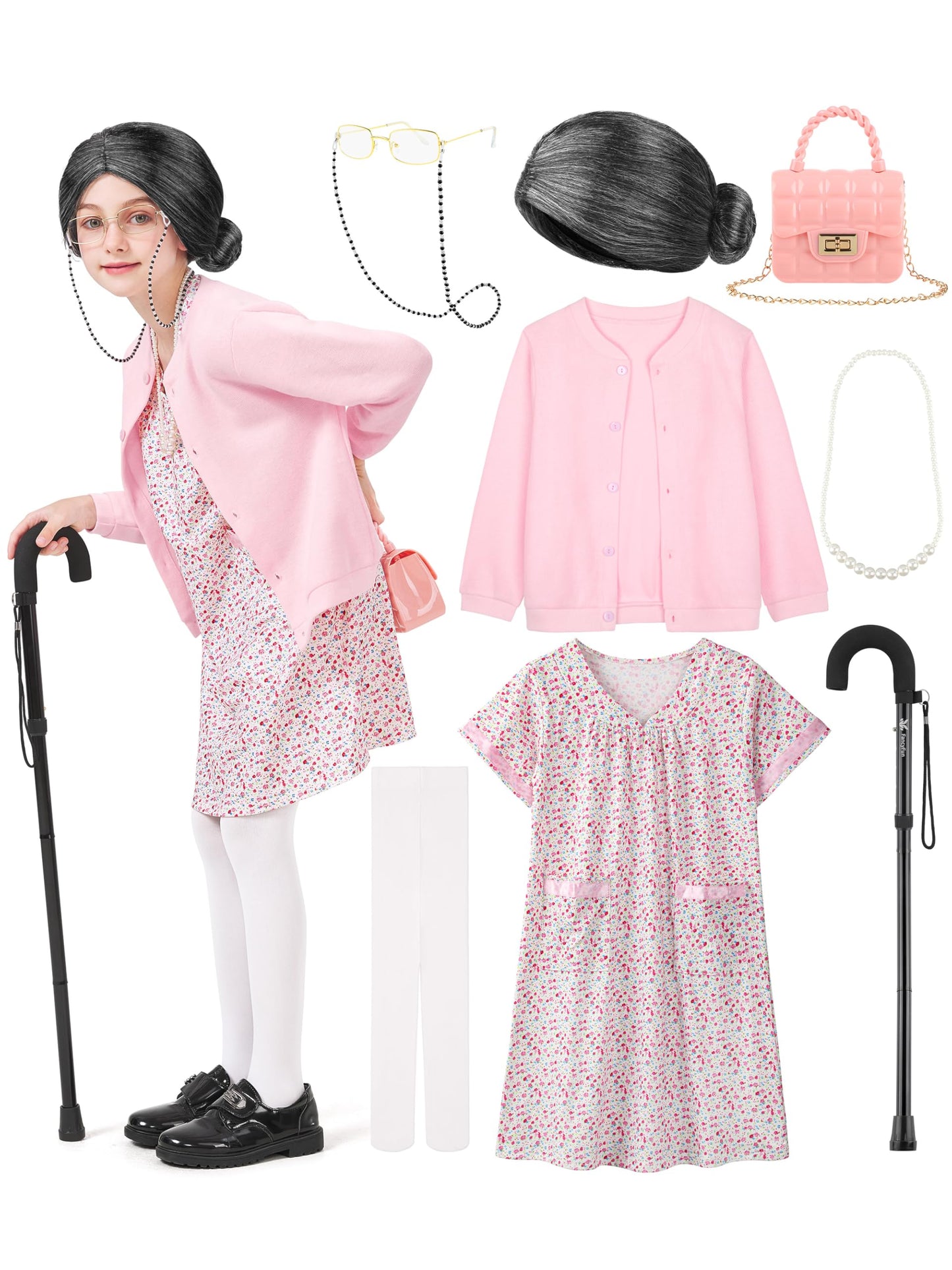 FancyFun 8-Piece Old Lady Costume for Kids — 100 Days Dress-Up (Girls 3-4T)