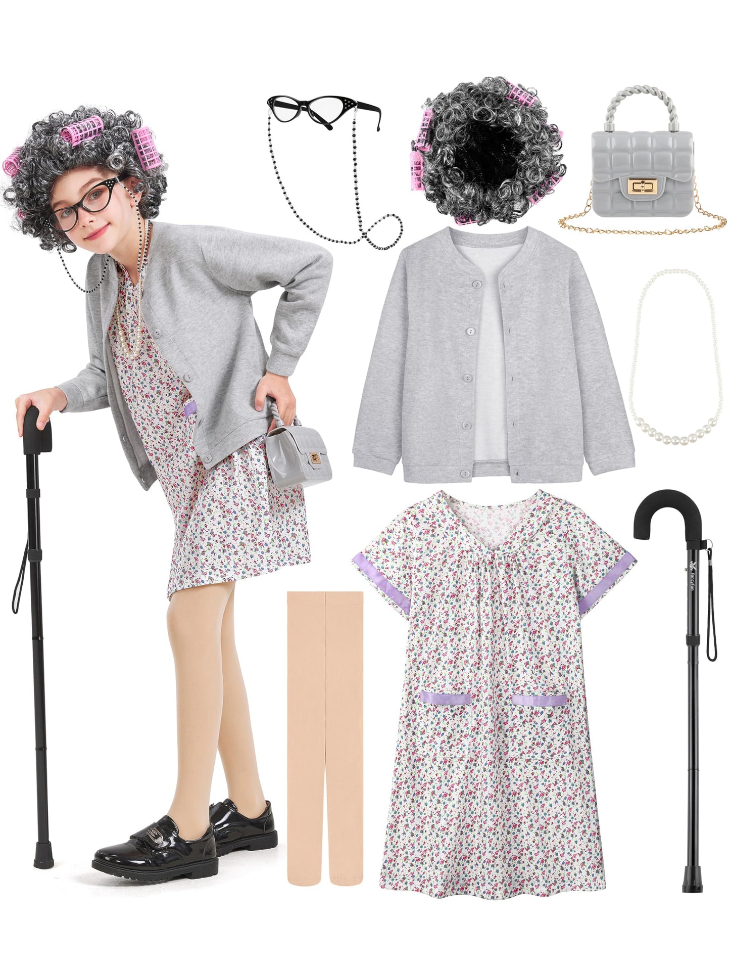 FancyFun 8-Piece Old Lady Costume for Kids – 100 Days of School Outfit & Grandma Wig (Ages 5-7)
