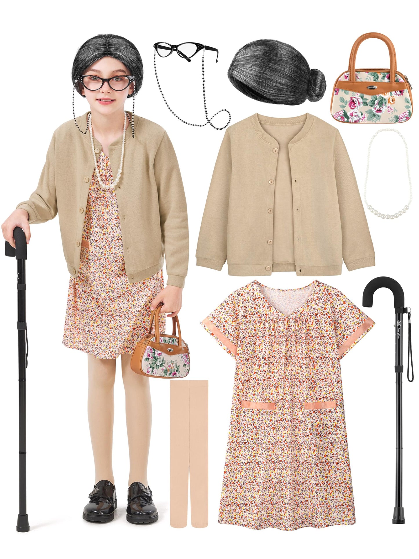 FancyFun 8 Pcs Old Lady Costume for Kids – 100 Days of School Dress Up Set (Size 11-13Y)