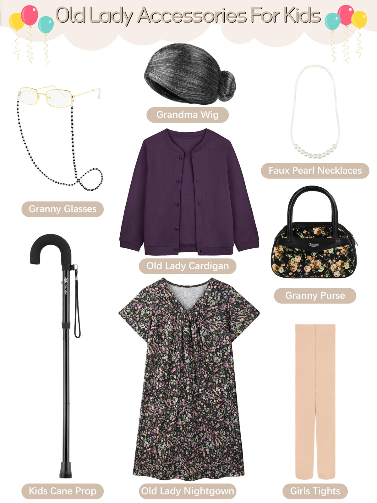 FancyFun 8-Piece Old Lady Costume for Kids – 100 Days of School Dress-Up (8-10Y)