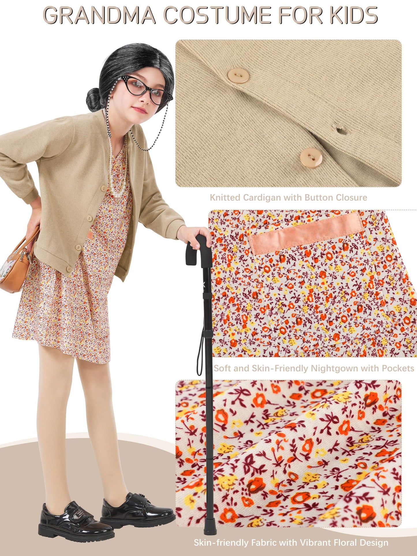 FancyFun 8 Pcs Old Lady Costume for Kids - 100 Days of School (8-10Y)