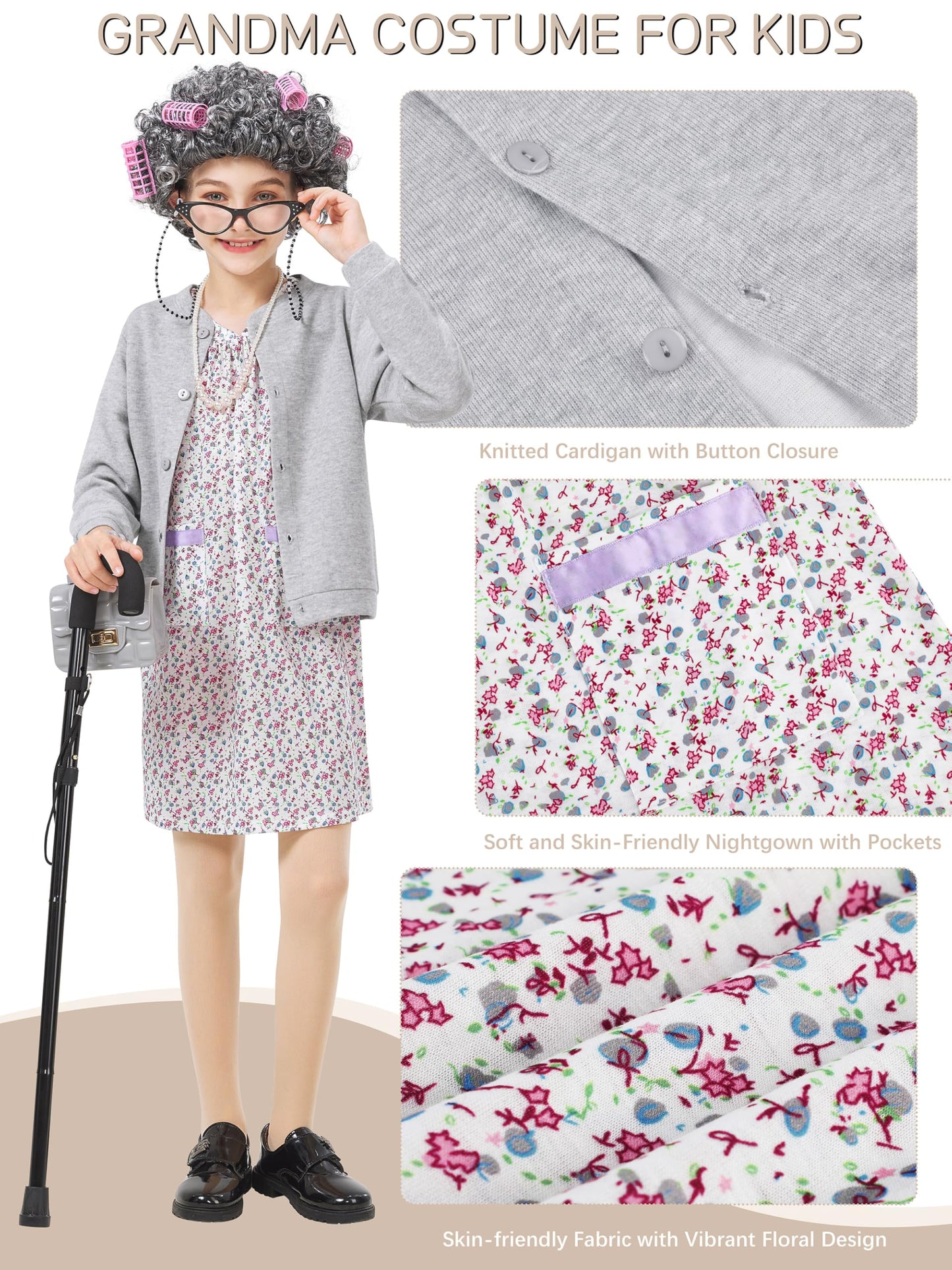 FancyFun 8 Pcs Old Lady Costume for Kids – 100 Days of School Outfit for Girls (Ages 8–10)
