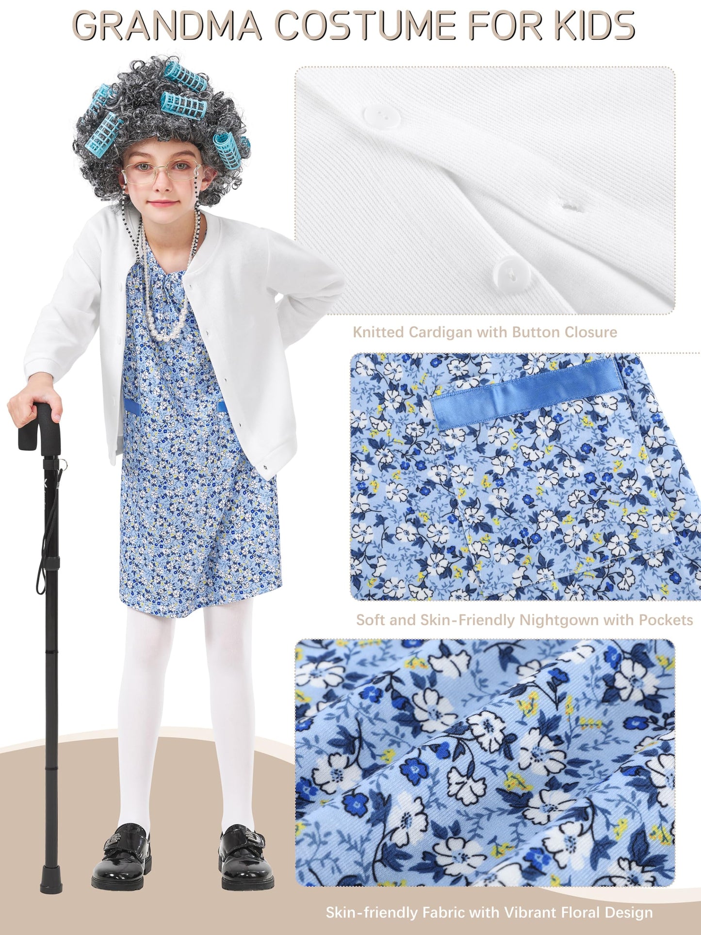 FancyFun 8 Pcs Old Lady Costume for Kids – 100 Days of School Dress Up Set (Girls 5–7Y)