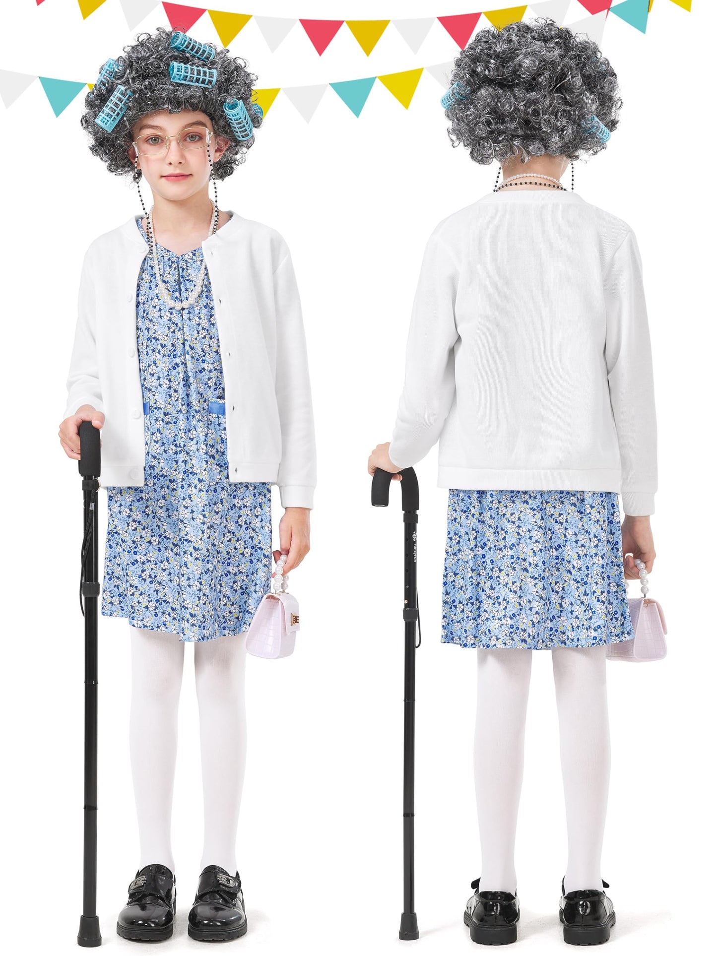 FancyFun 8 Pcs Old Lady Costume for Kids – 100 Days of School Dress Up Set (Girls 5–7Y)