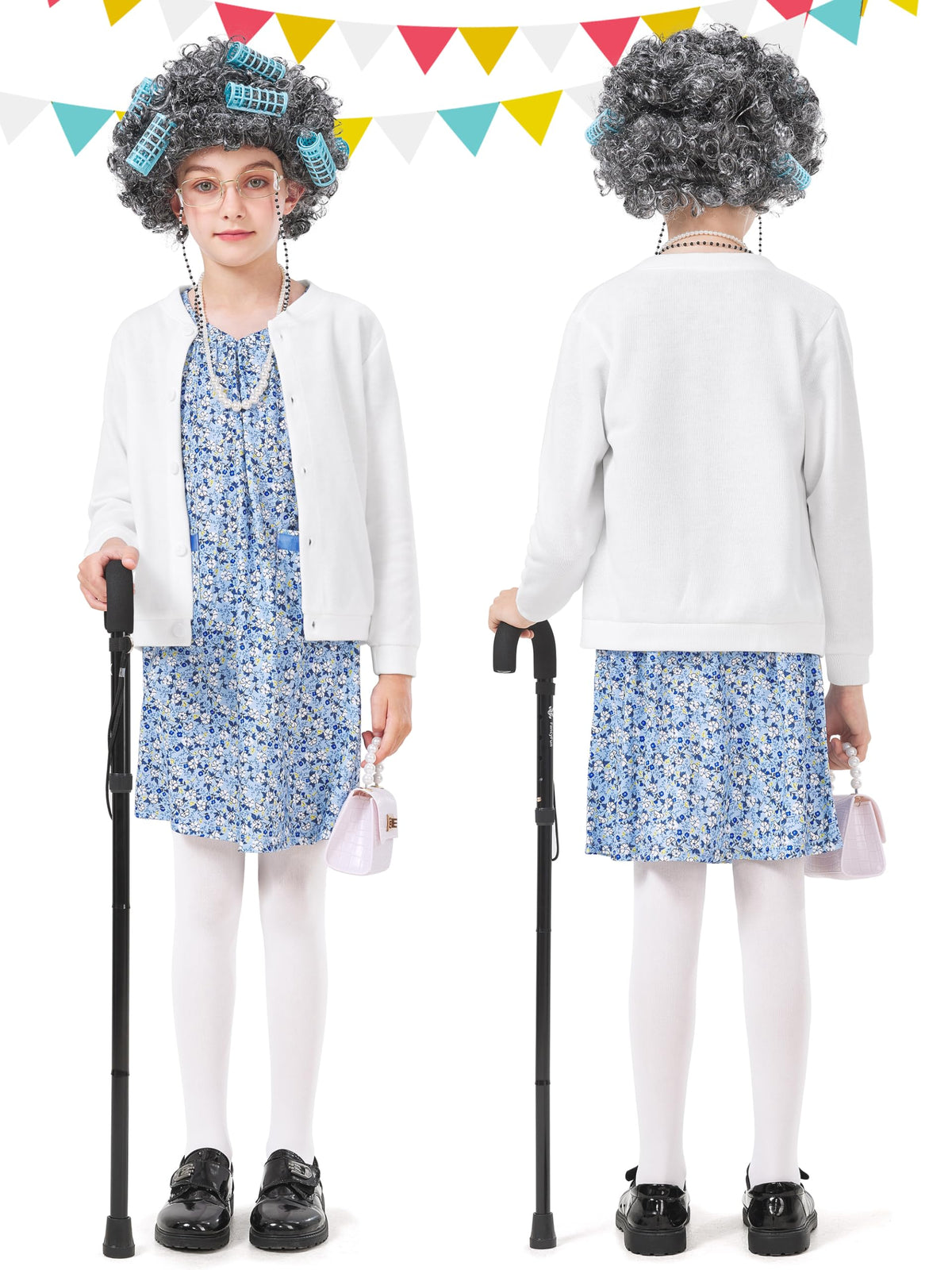 FancyFun 8 Pcs Old Lady Costume for Kids – 100 Days of School Granny Outfit (11-13Y)