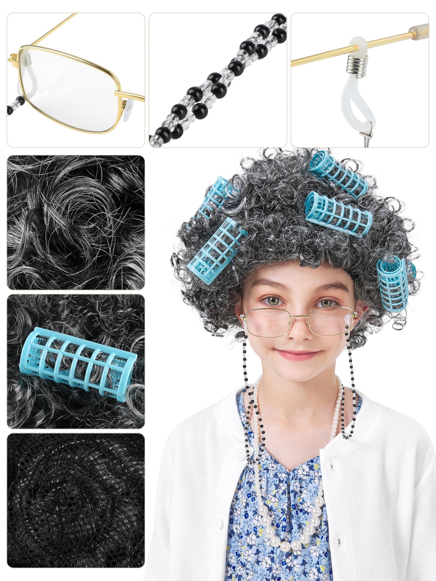 FancyFun 8 Pcs Old Lady Costume for Kids – 100 Days of School Dress Up Set (Girls 5–7Y)